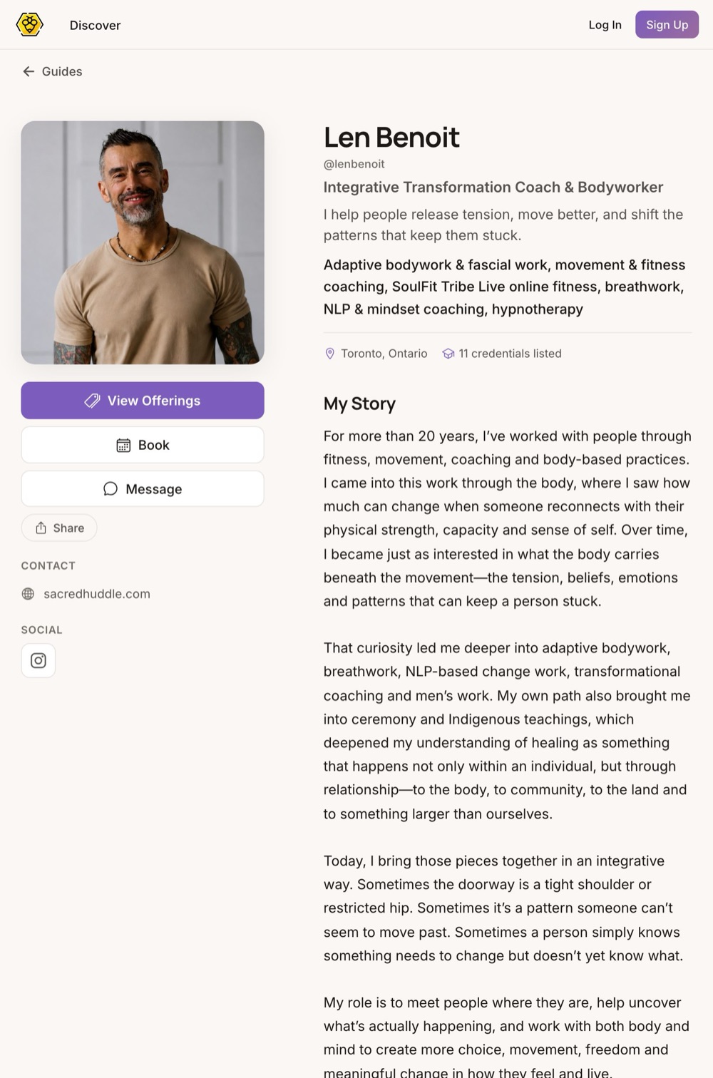 A Guide's profile in the MyHive app, with View Offerings, Book and Message